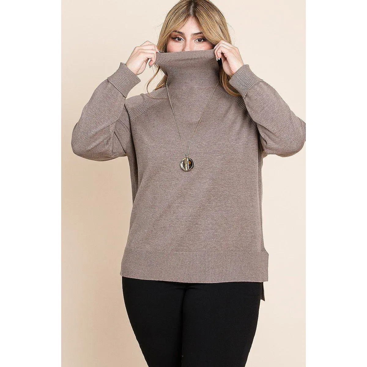 Plus Size High Quality Buttery Soft Solid Knit Turtleneck Two Tone High Low Hem Sweater