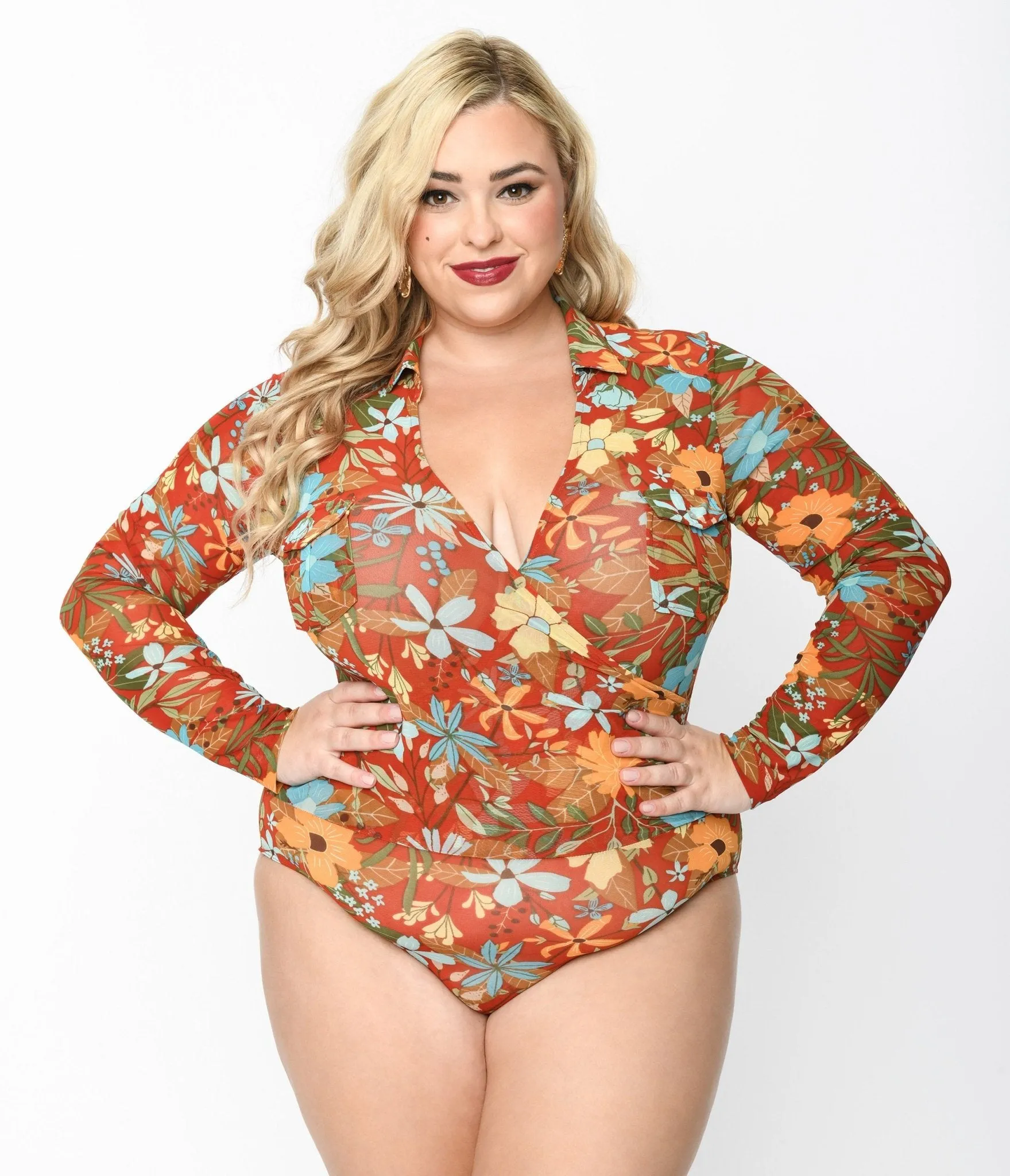 Plus Size Red & Multicolor Floral Collared Surplice Bodysuit