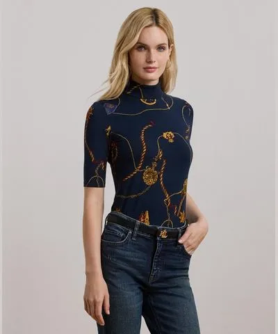 Ralph Lauren Women's Belting-Print Stretch Jersey Turtleneck