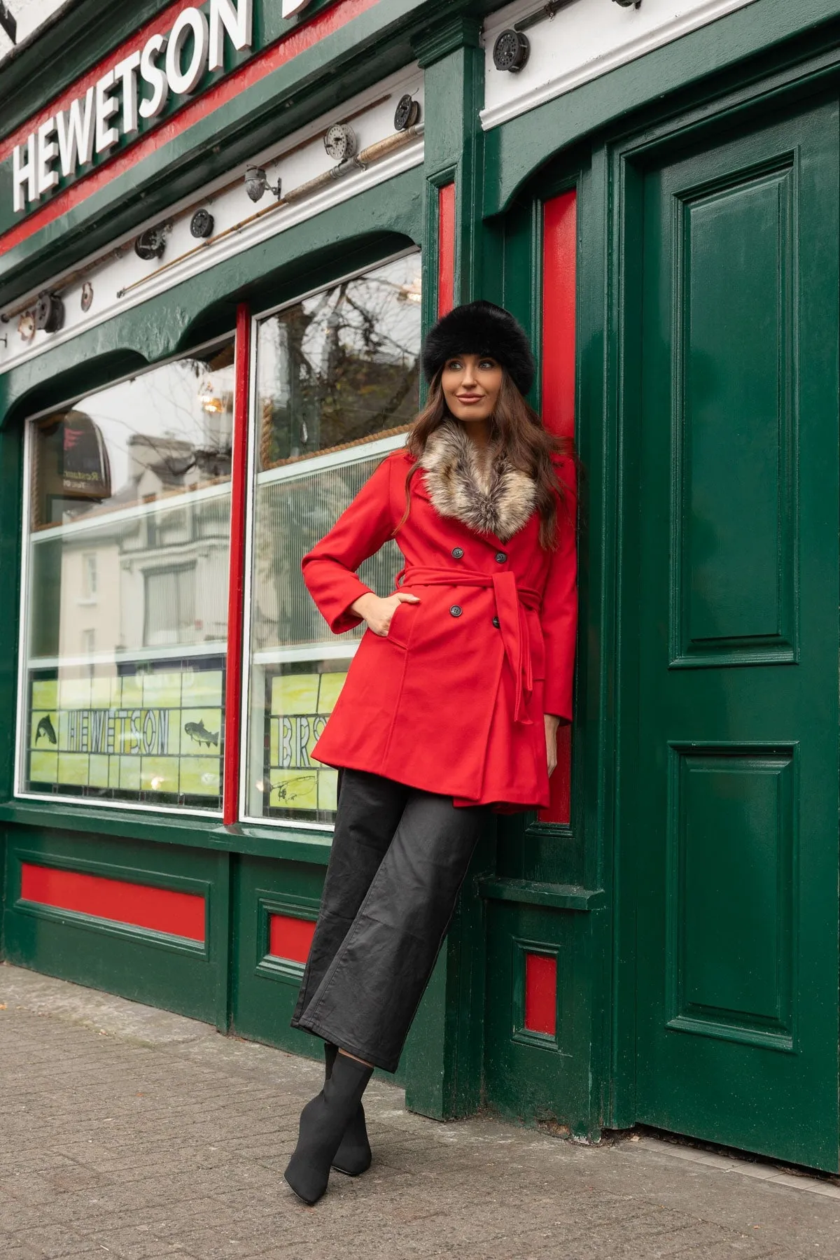 Red Faux Fur Trim Coat