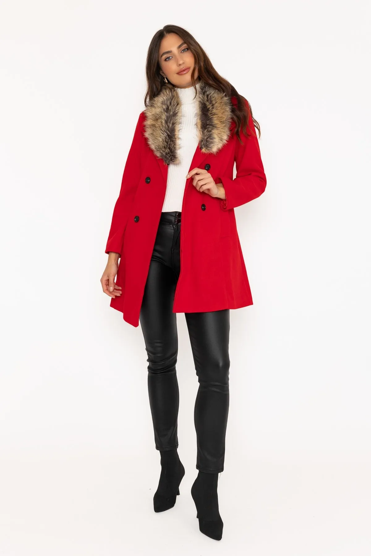 Red Faux Fur Trim Coat