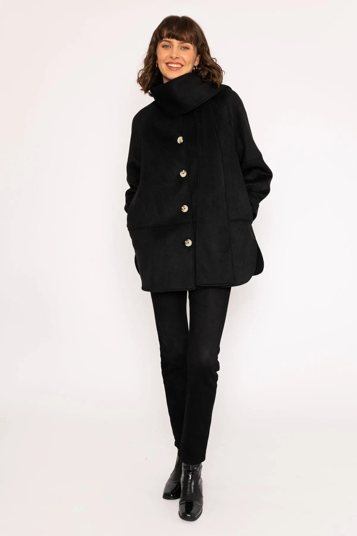 Scarf Button Coat in Black