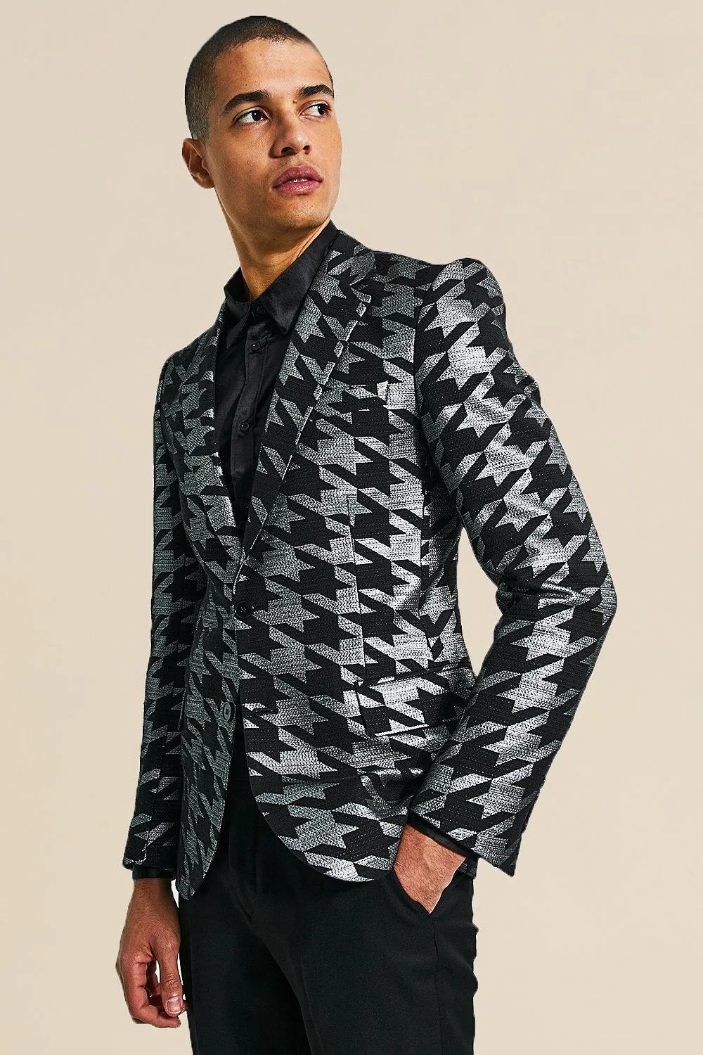 Slim Houndstooth Single Breasted Blazer