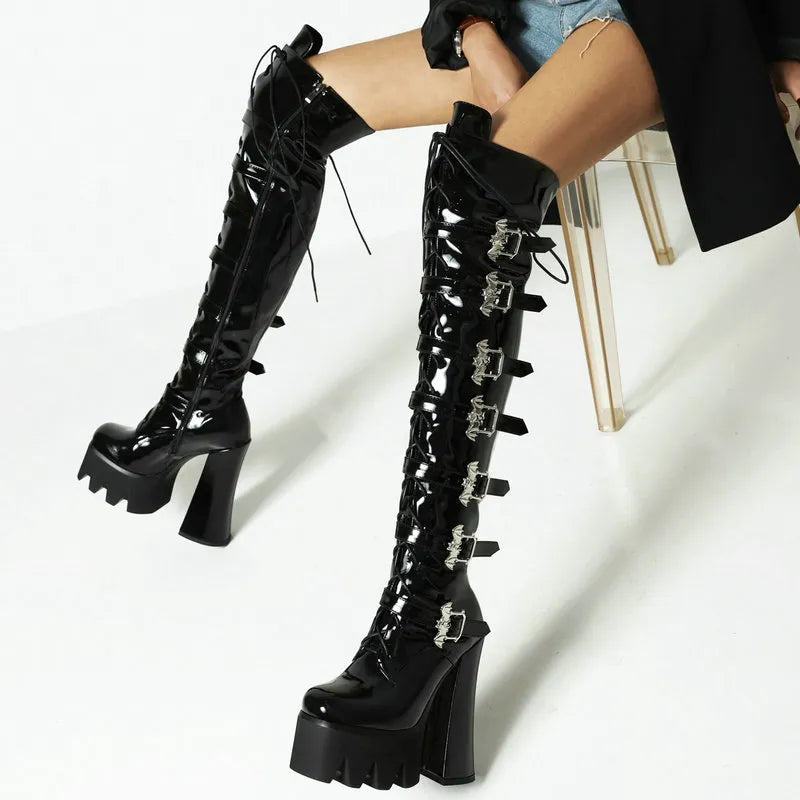 Sorphio Chunky Heel Platform Over The Knee High Boots - Super High, Gothic Women's Footwear