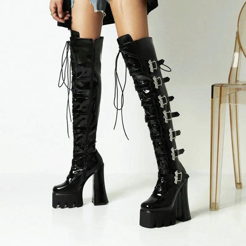 Sorphio Chunky Heel Platform Over The Knee High Boots - Super High, Gothic Women's Footwear