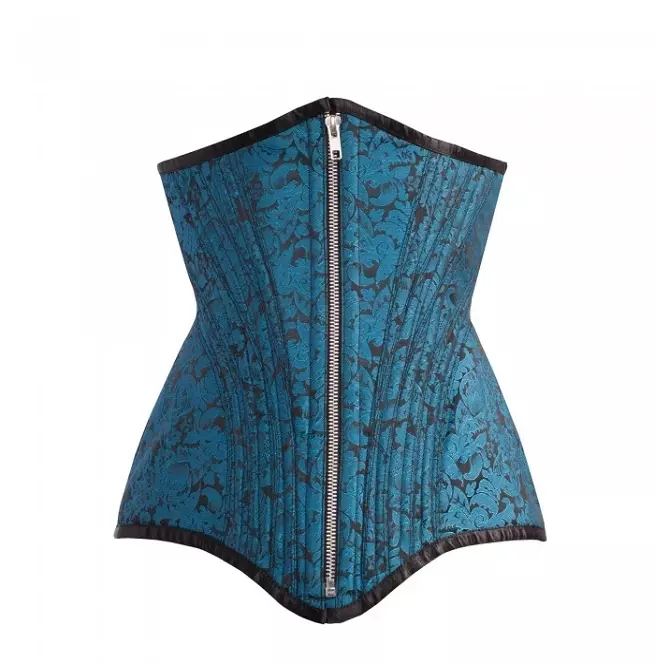 Steampunk Turquoise Steel Boned Metal Zipper Brocade Underbust Corset for Women