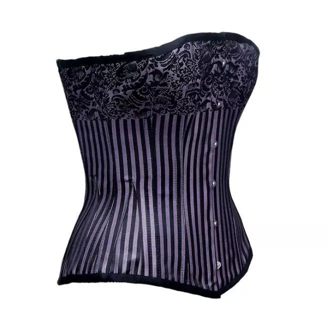 Steampunk Women's Black Purple Stripe Steel Bone Lace up Brocade Overbust Corset