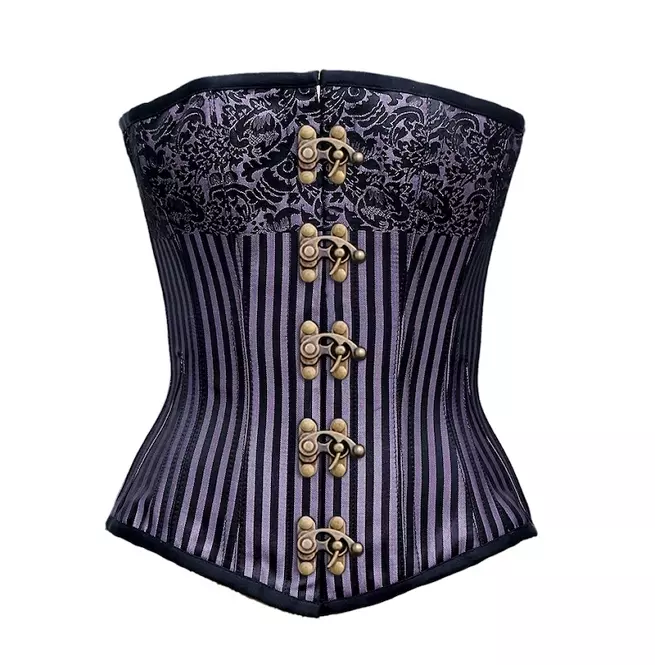 Steampunk Women's Black Purple Stripe Steel Bone Lace up Brocade Overbust Corset