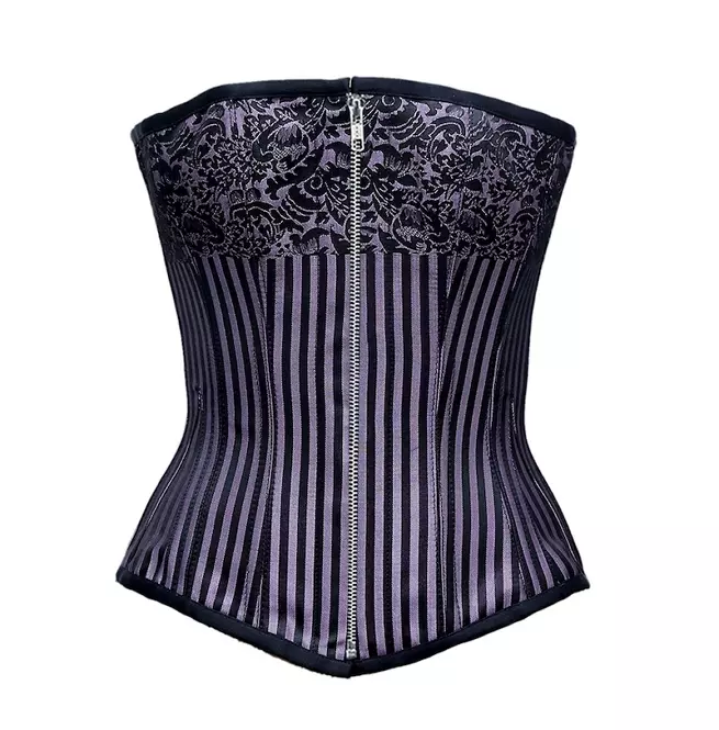 Steampunk Women's Black Purple Stripe Steel Bone Lace up Brocade Overbust Corset