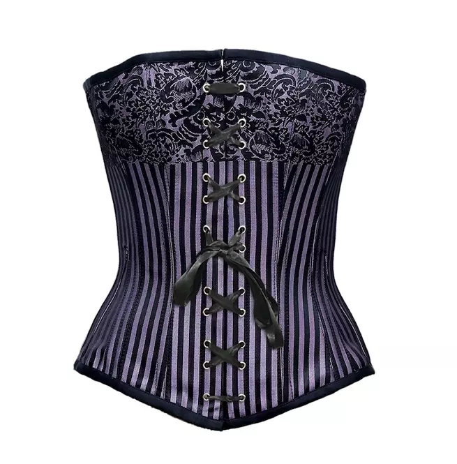 Steampunk Women's Black Purple Stripe Steel Bone Lace up Brocade Overbust Corset