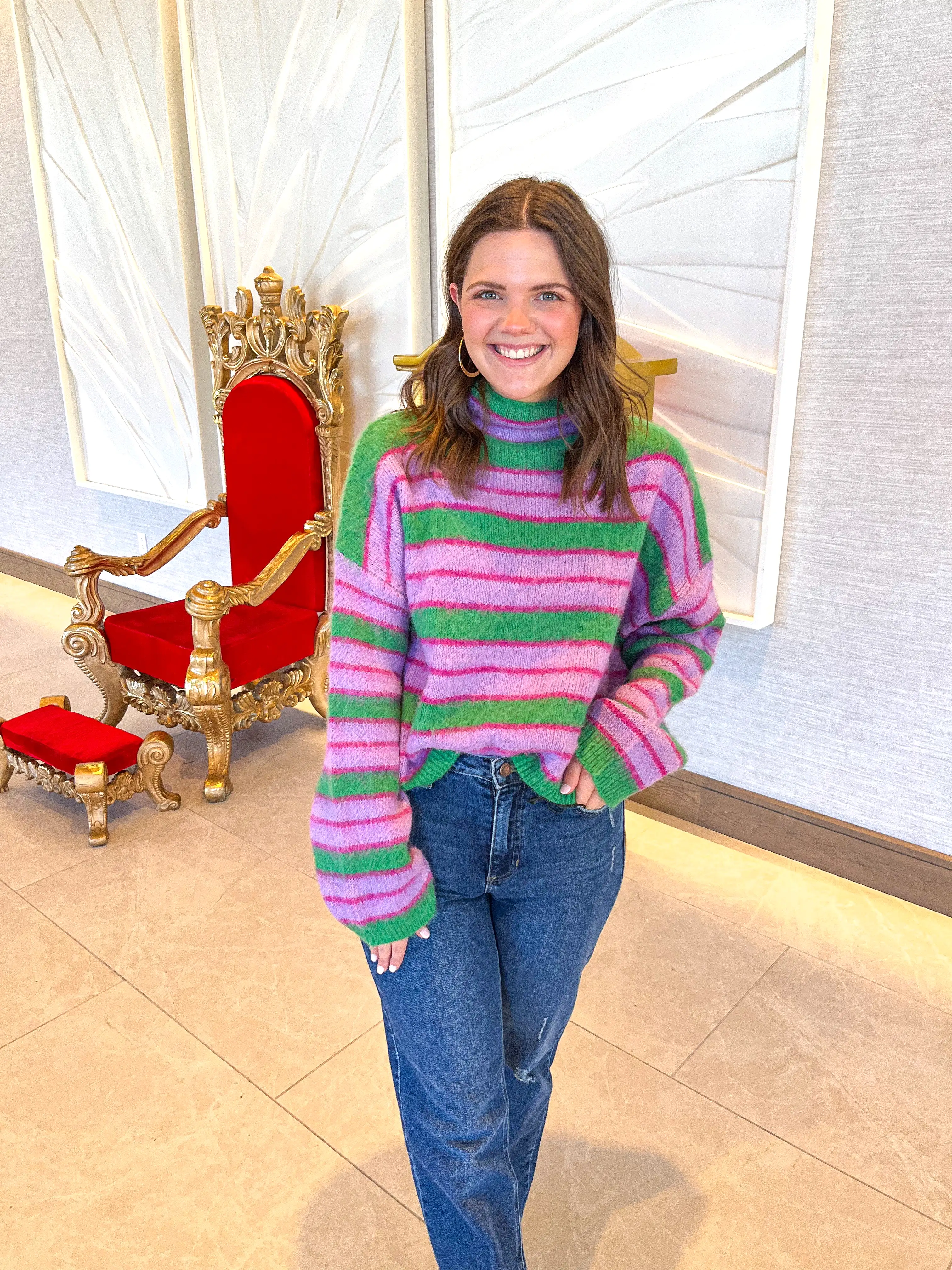 Striped Cropped Turtleneck Sweater - Green/Lavender