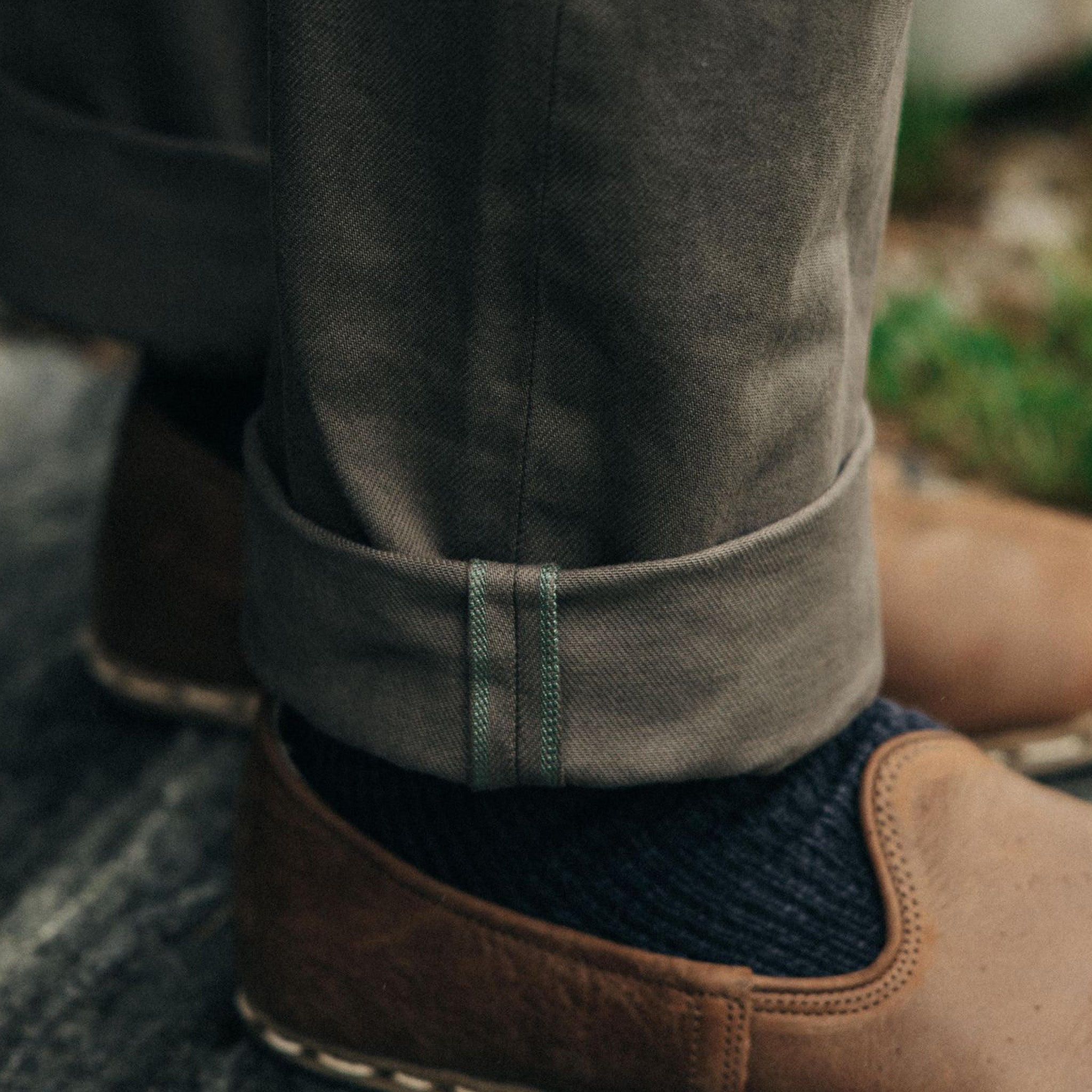 The Democratic All Day Pant in Fatigue Olive Selvage Denim