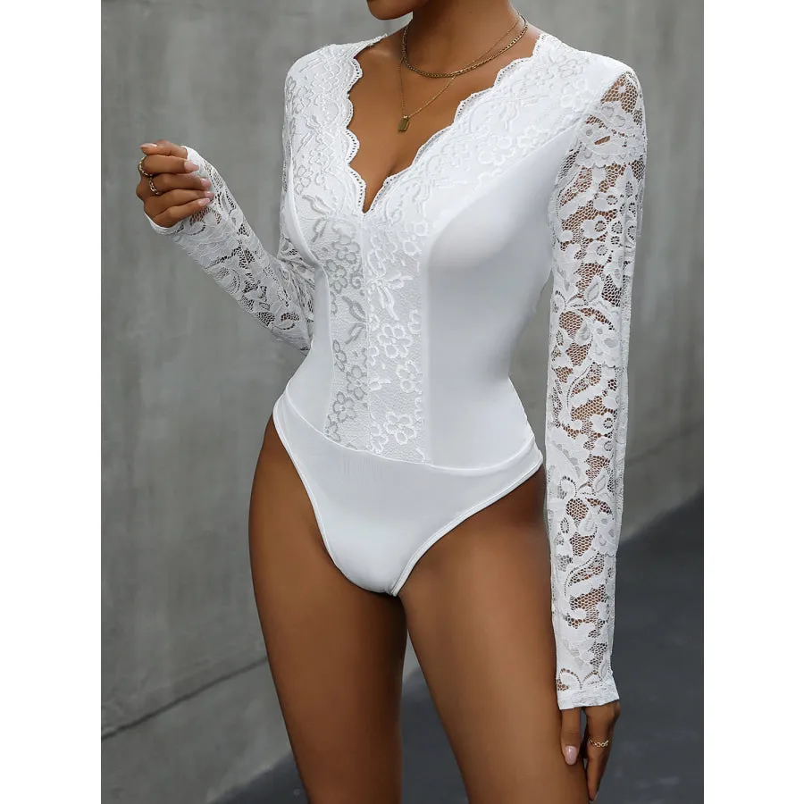 V-Neck Long Sleeve Lace Bodysuit