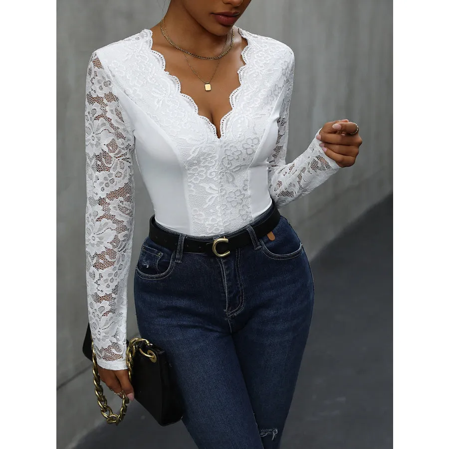 V-Neck Long Sleeve Lace Bodysuit