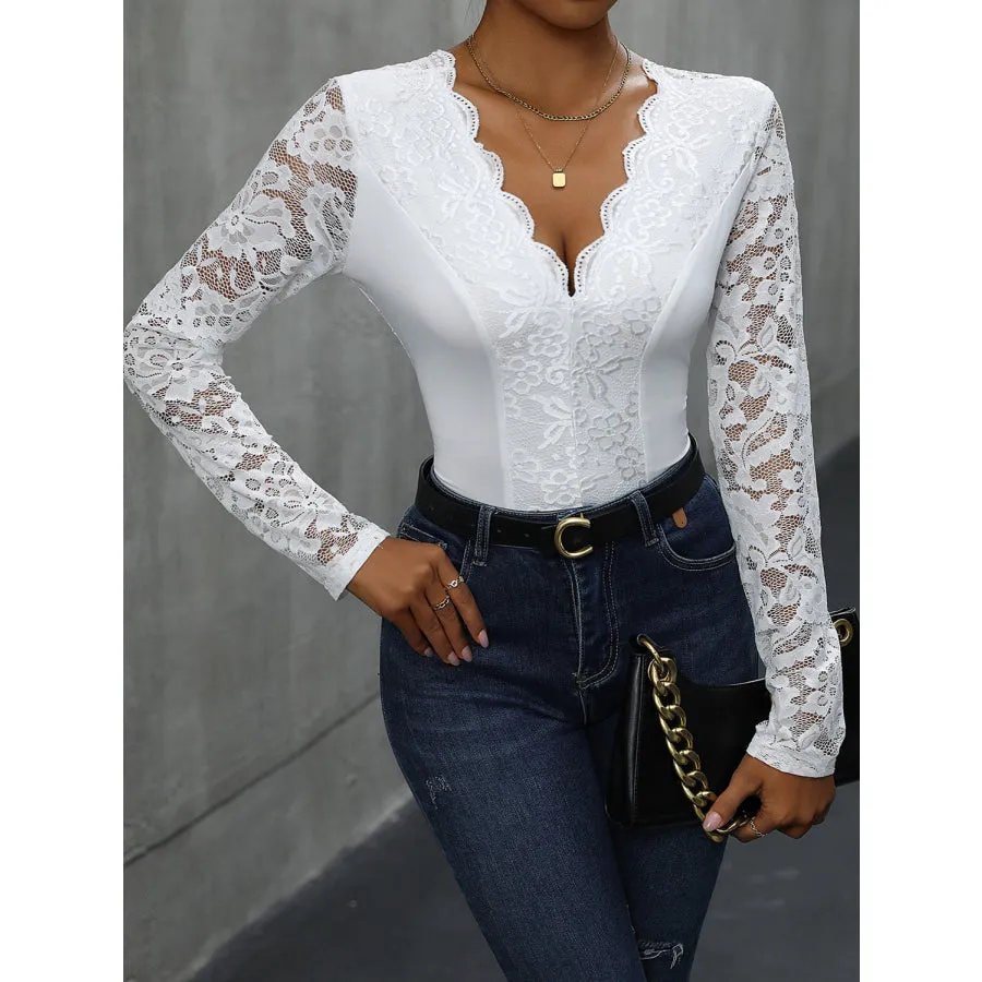 V-Neck Long Sleeve Lace Bodysuit