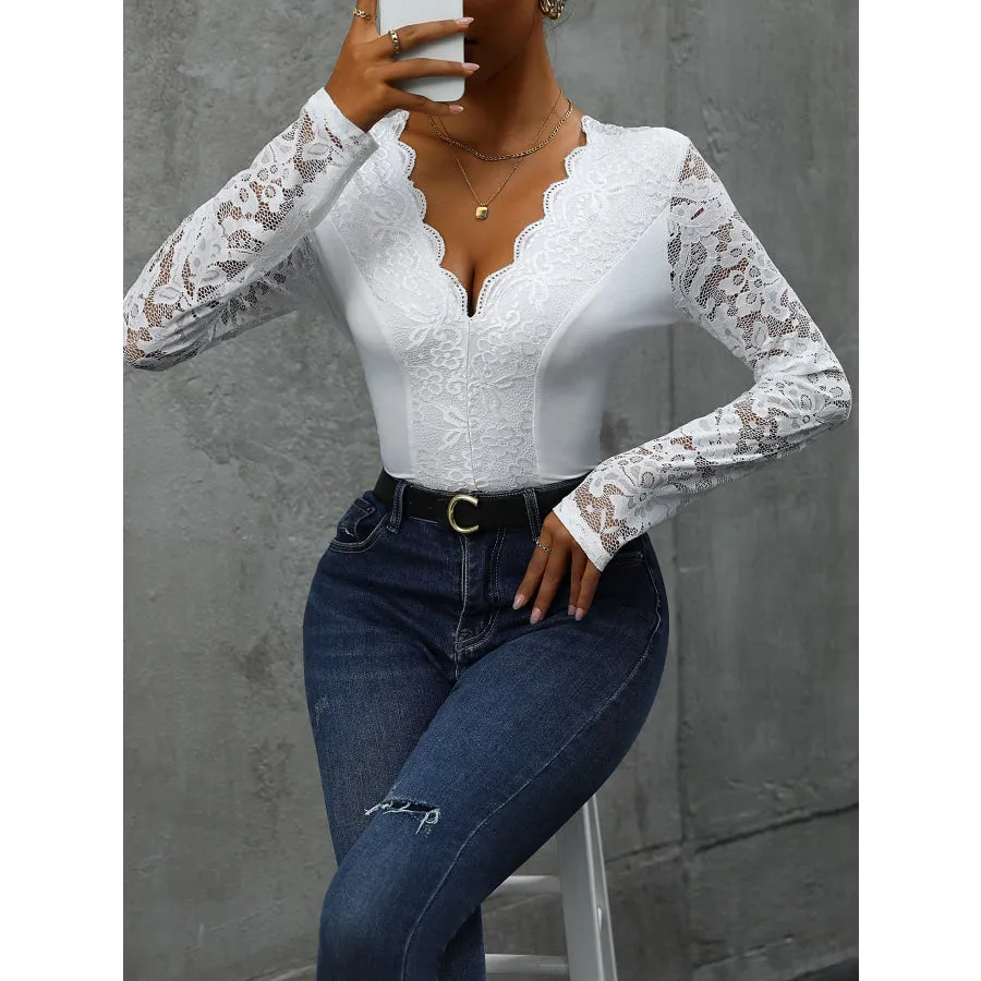 V-Neck Long Sleeve Lace Bodysuit