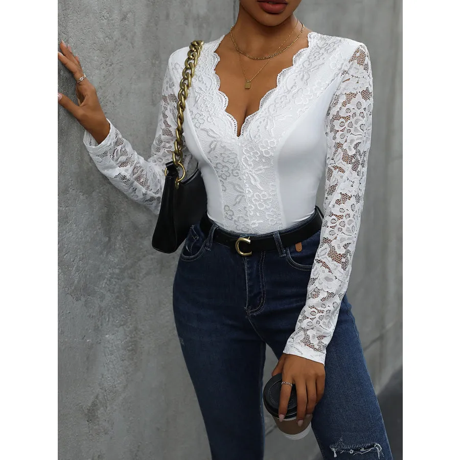 V-Neck Long Sleeve Lace Bodysuit