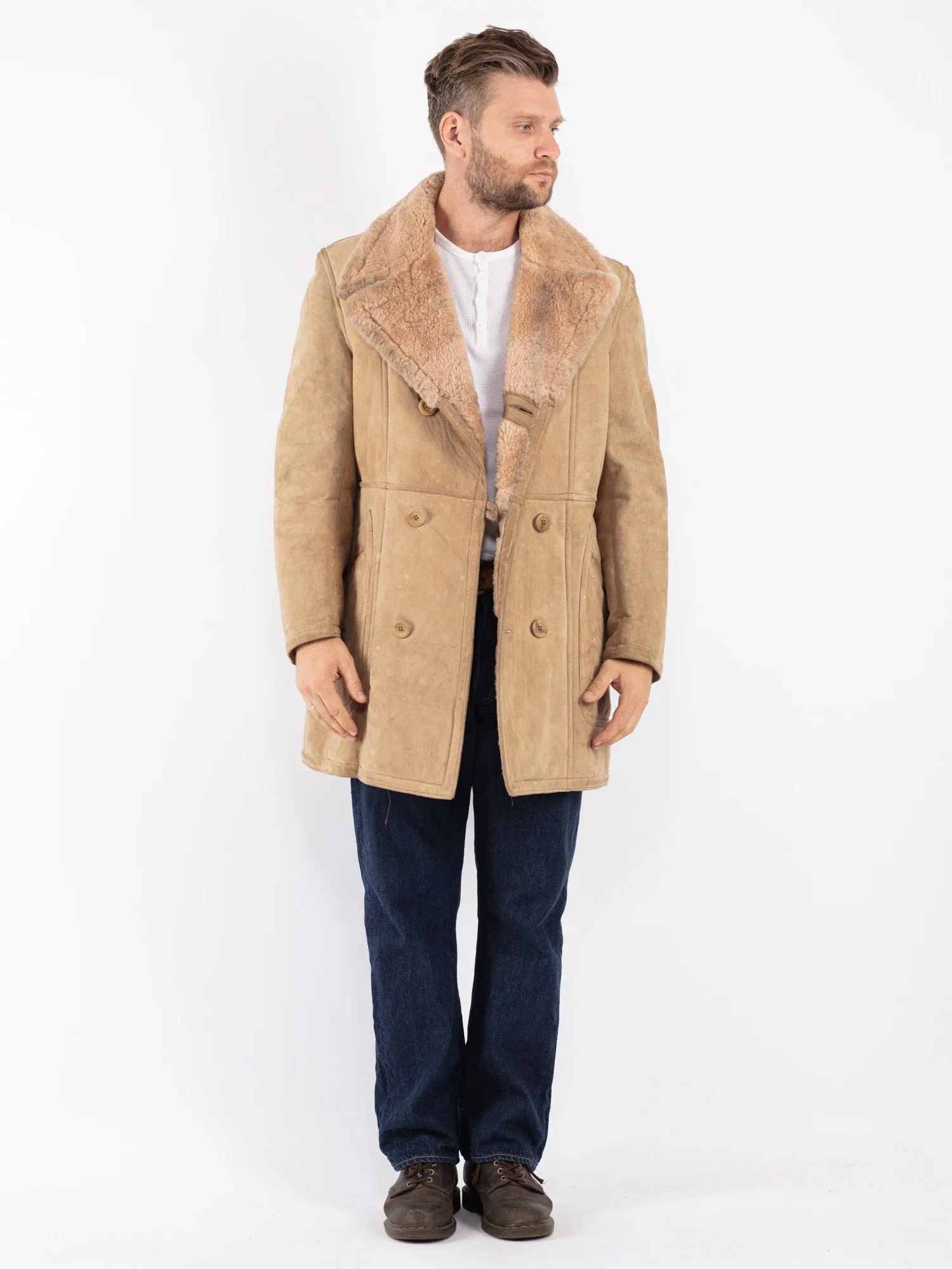 Vintage 70's Men Sheepskin Coat in Beige