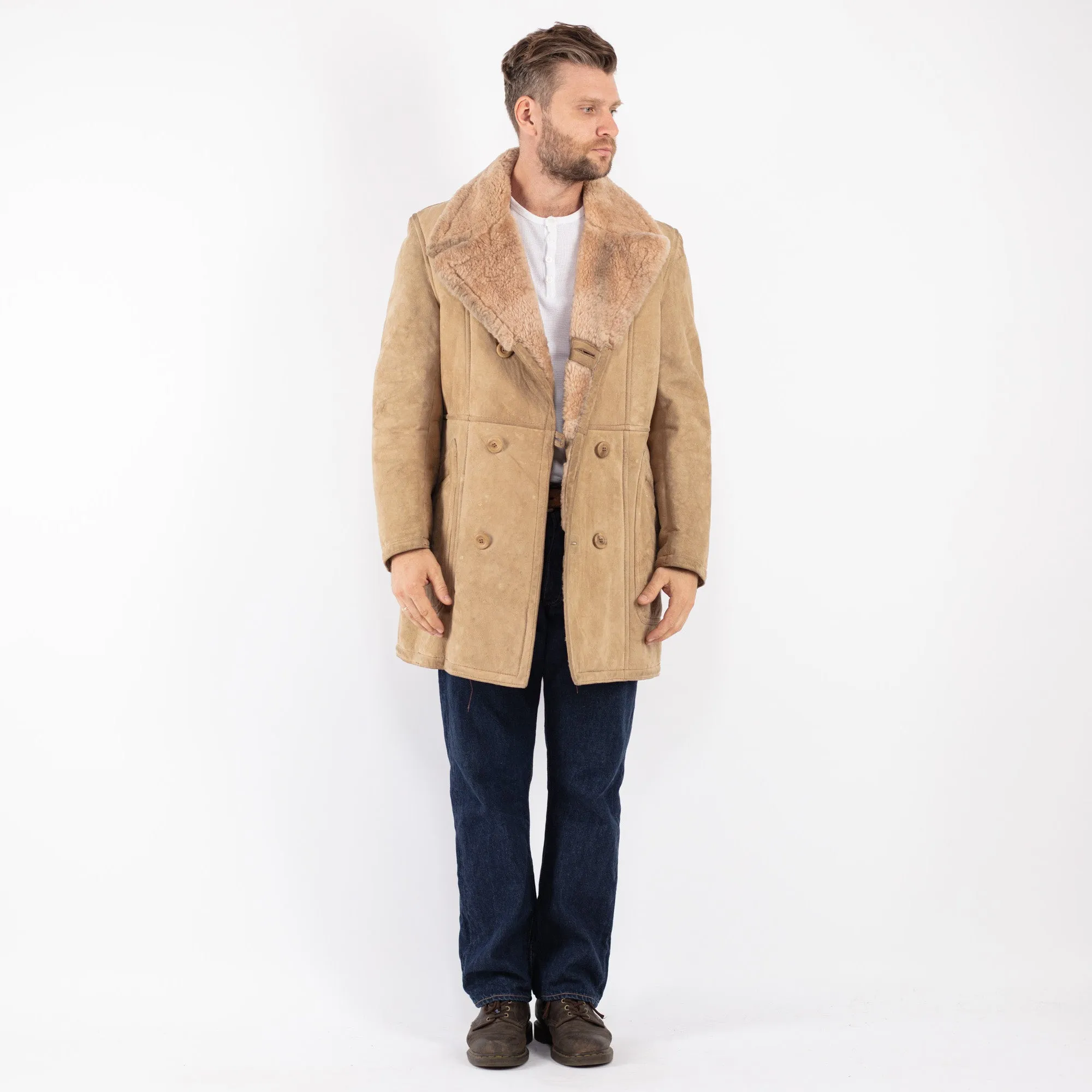 Vintage 70's Men Sheepskin Coat in Beige