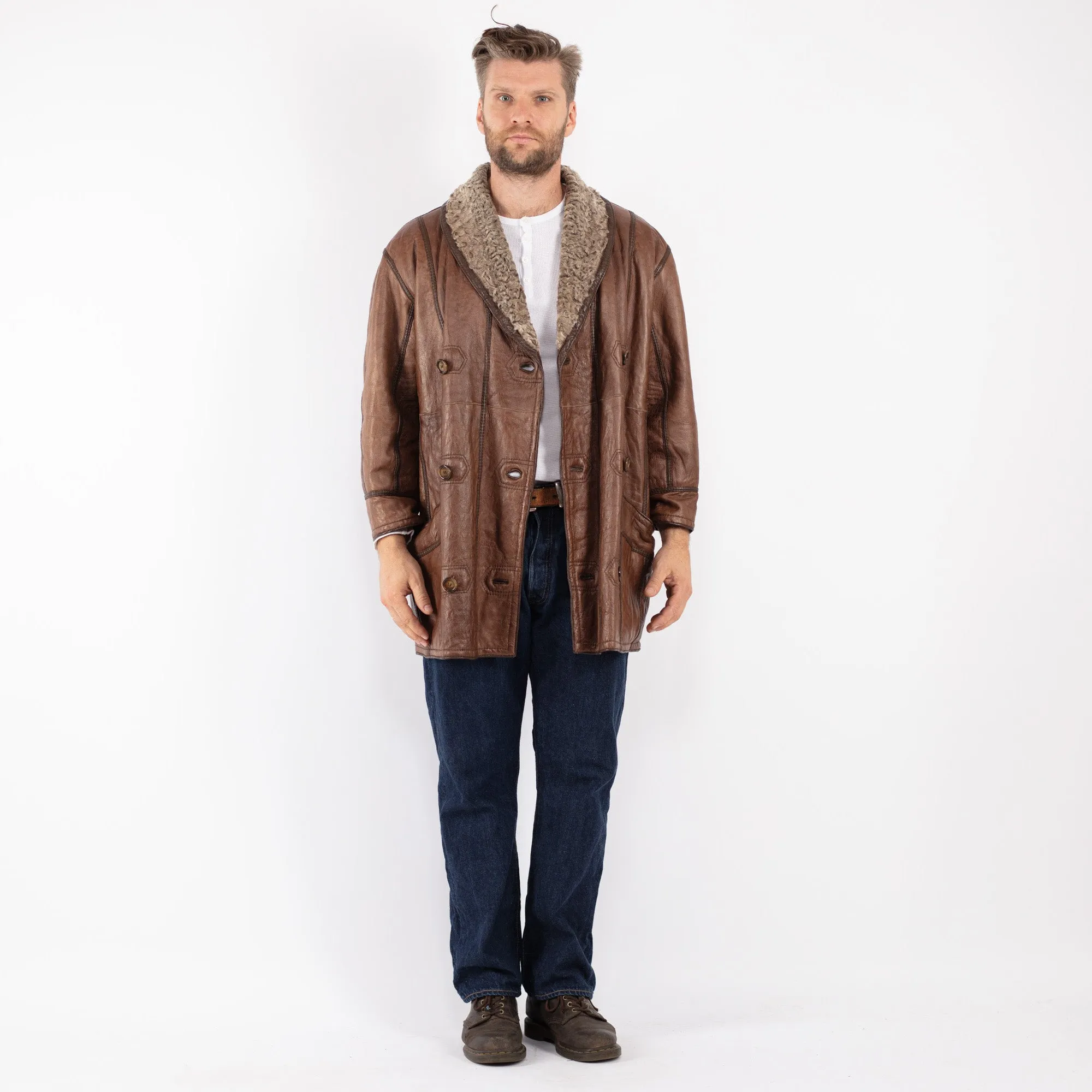 Vintage 80's Men Sheepskin Coat in Brown