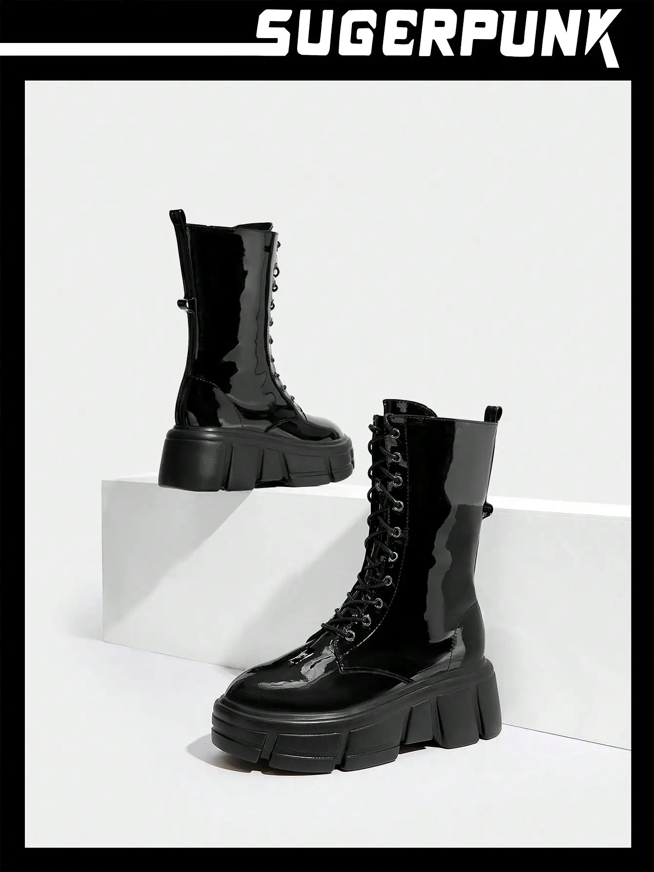 Women Lace-up Front Combat Boots, Punk Black Fashion Boots