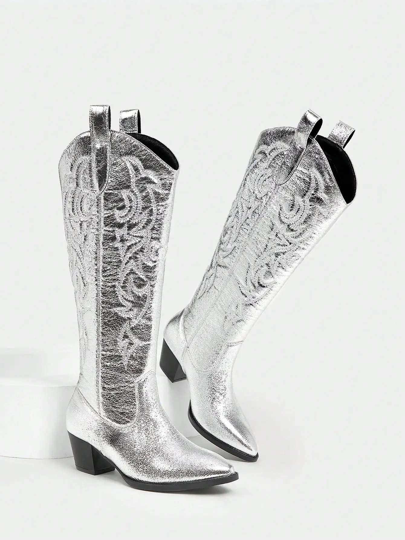 Women Shoes Fashionable Point Toe Silver Western Boots With Chunky Heel Valentines Day