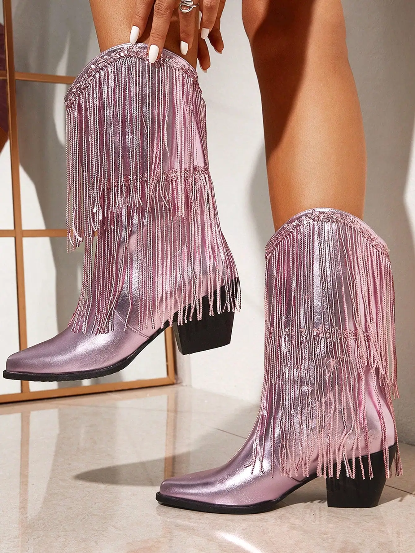 Women Shoes Ladies' Gorgeous & Fashionable Casual Western Boots With Tassel Decoration & Chunky Heel, Metallic Finish Valentines