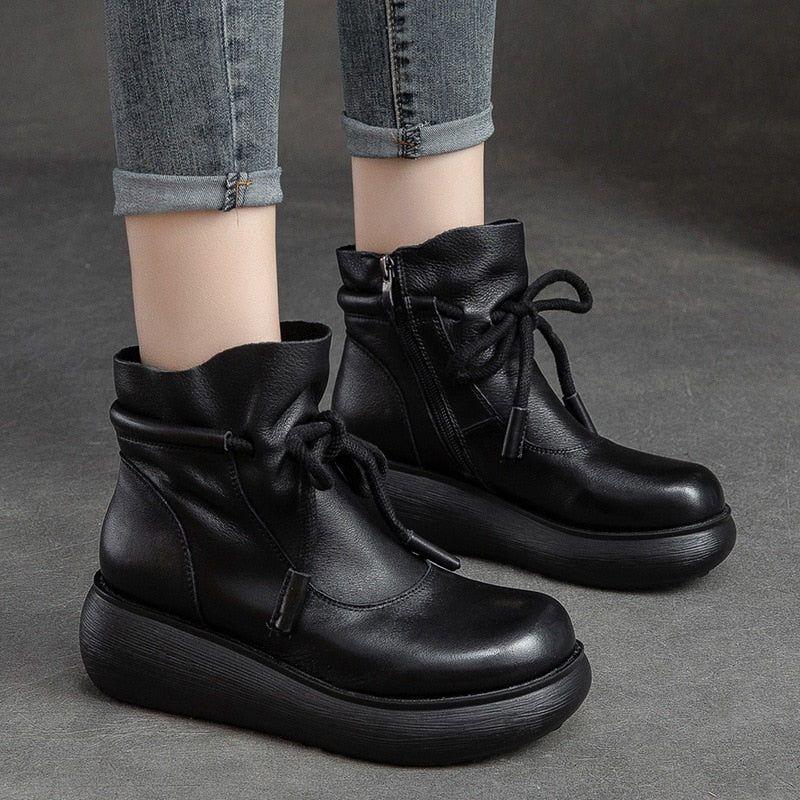 Women's Casual Shoes QA325 - Leather Ankle Wedge Platform Boots