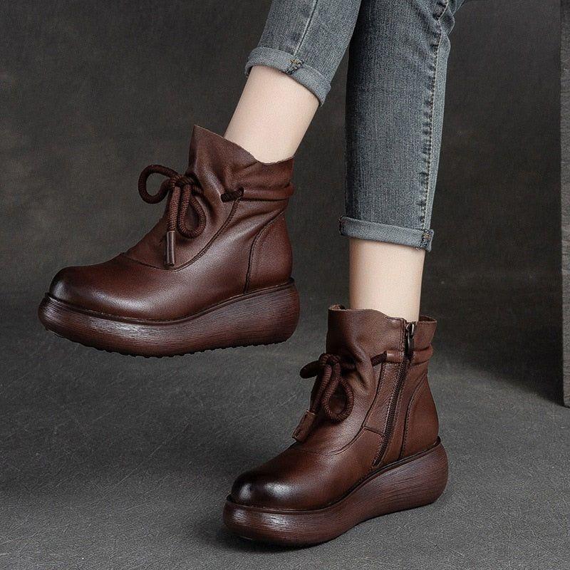 Women's Casual Shoes QA325 - Leather Ankle Wedge Platform Boots