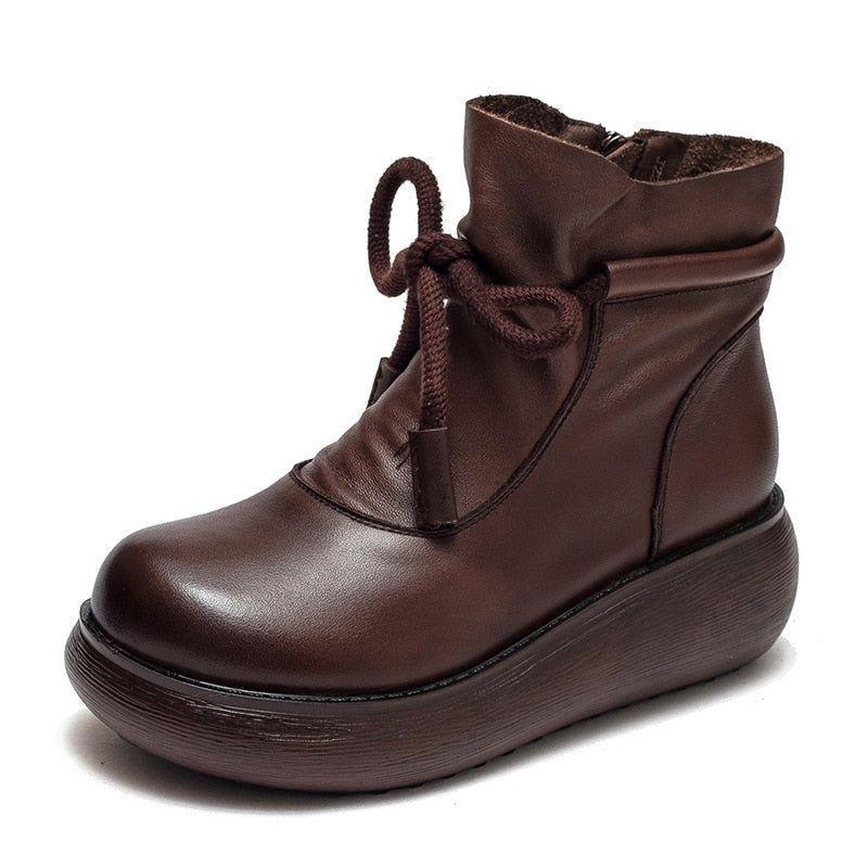 Women's Casual Shoes QA325 - Leather Ankle Wedge Platform Boots