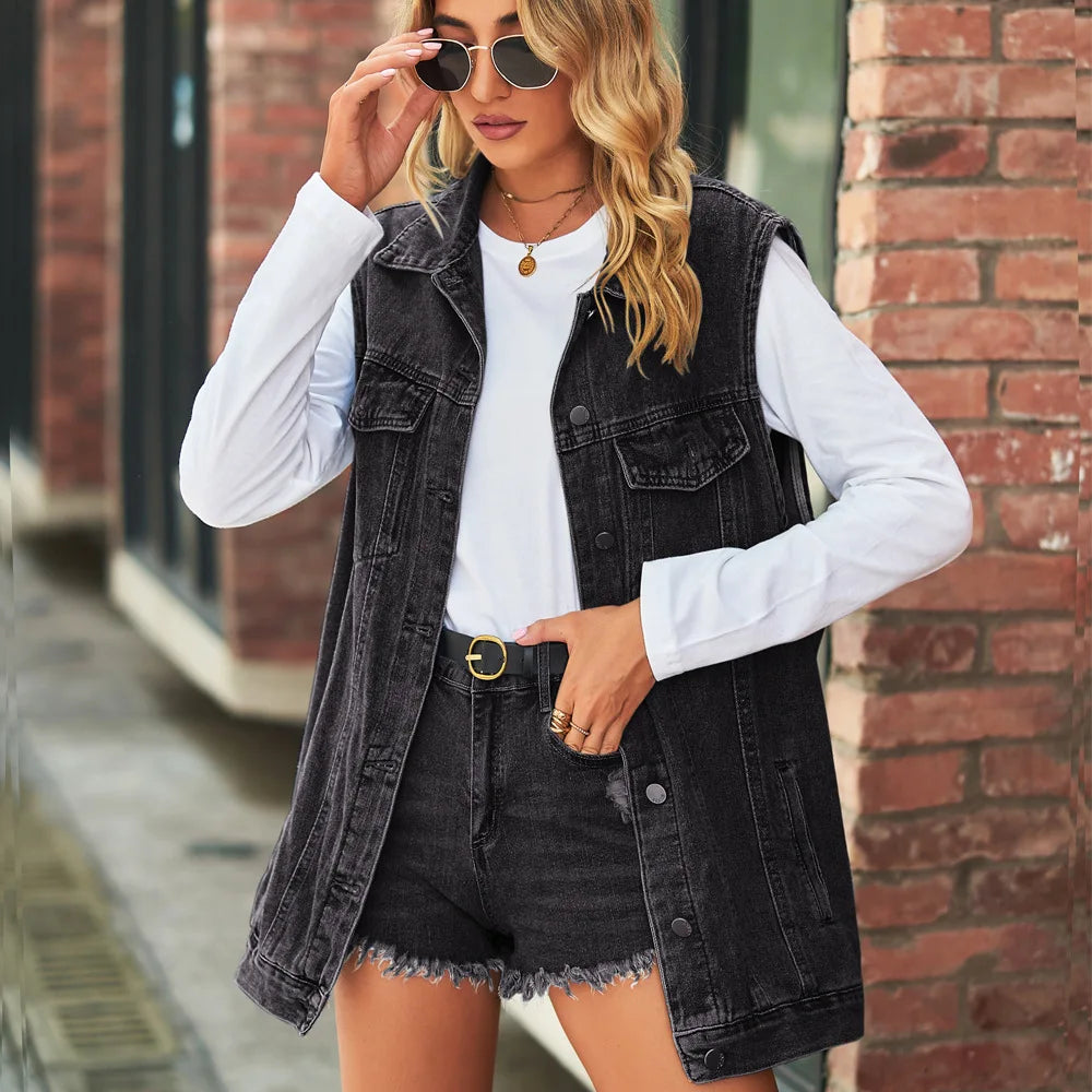 Women's Casual Sleeveless Single-Breasted Loose Long Jean Jacket