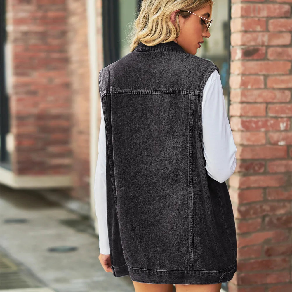 Women's Casual Sleeveless Single-Breasted Loose Long Jean Jacket