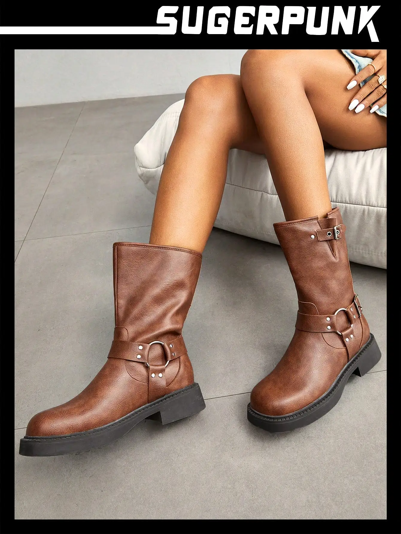 Women's Fashionable And Comfortable Brown Buckle Decorated Motorcycle Boots For Outdoor Wear