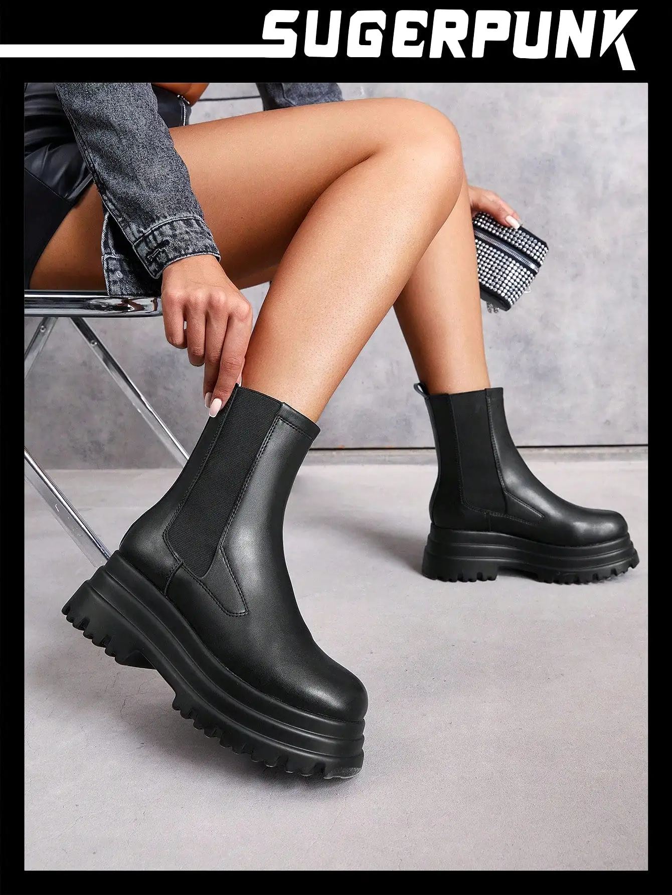 Women's Fashionable Glossy Thick-Soled Black Outdoor Moto Boots