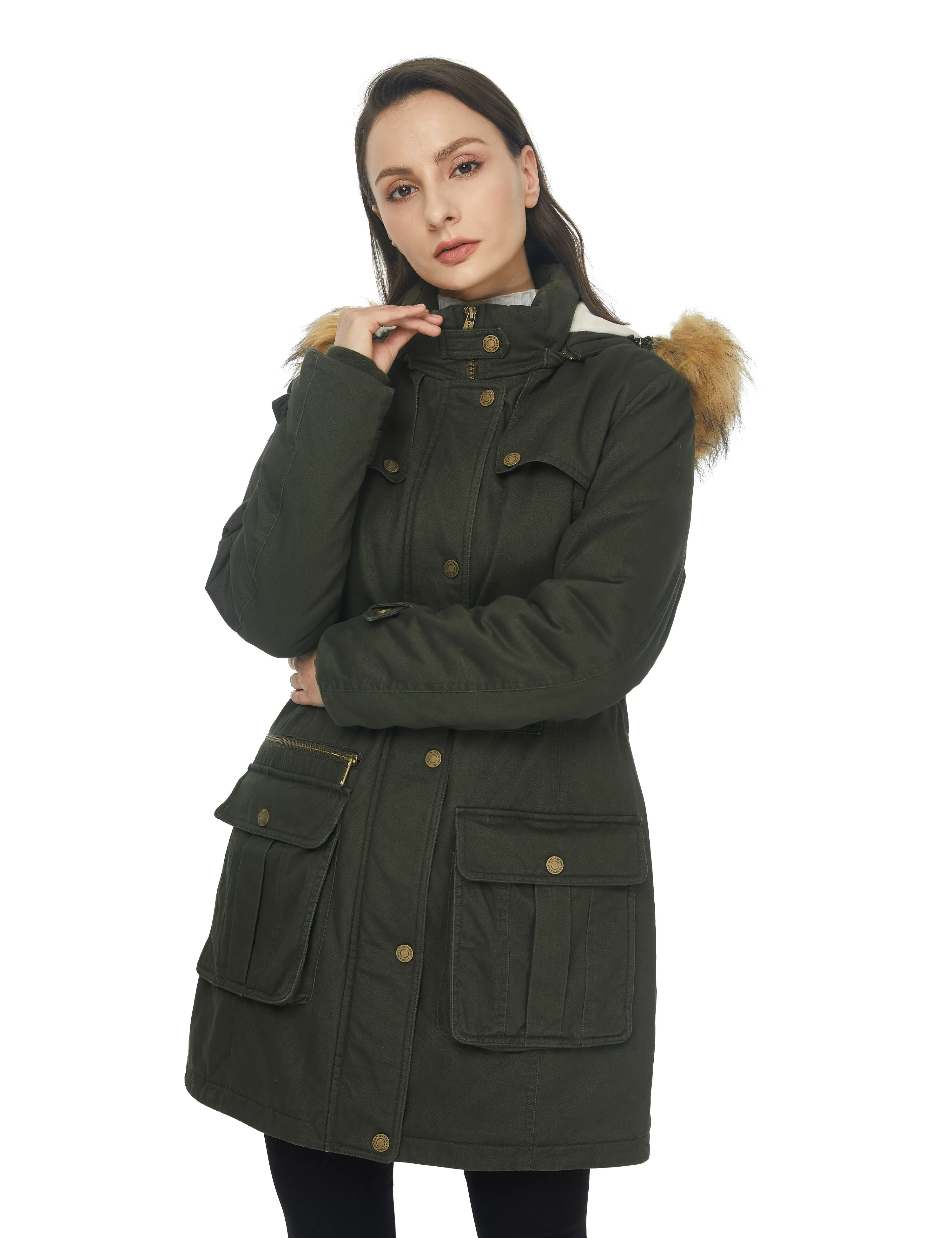 Women's Winter Warm Military Parka Jacket with Detachable Faux fur Hood