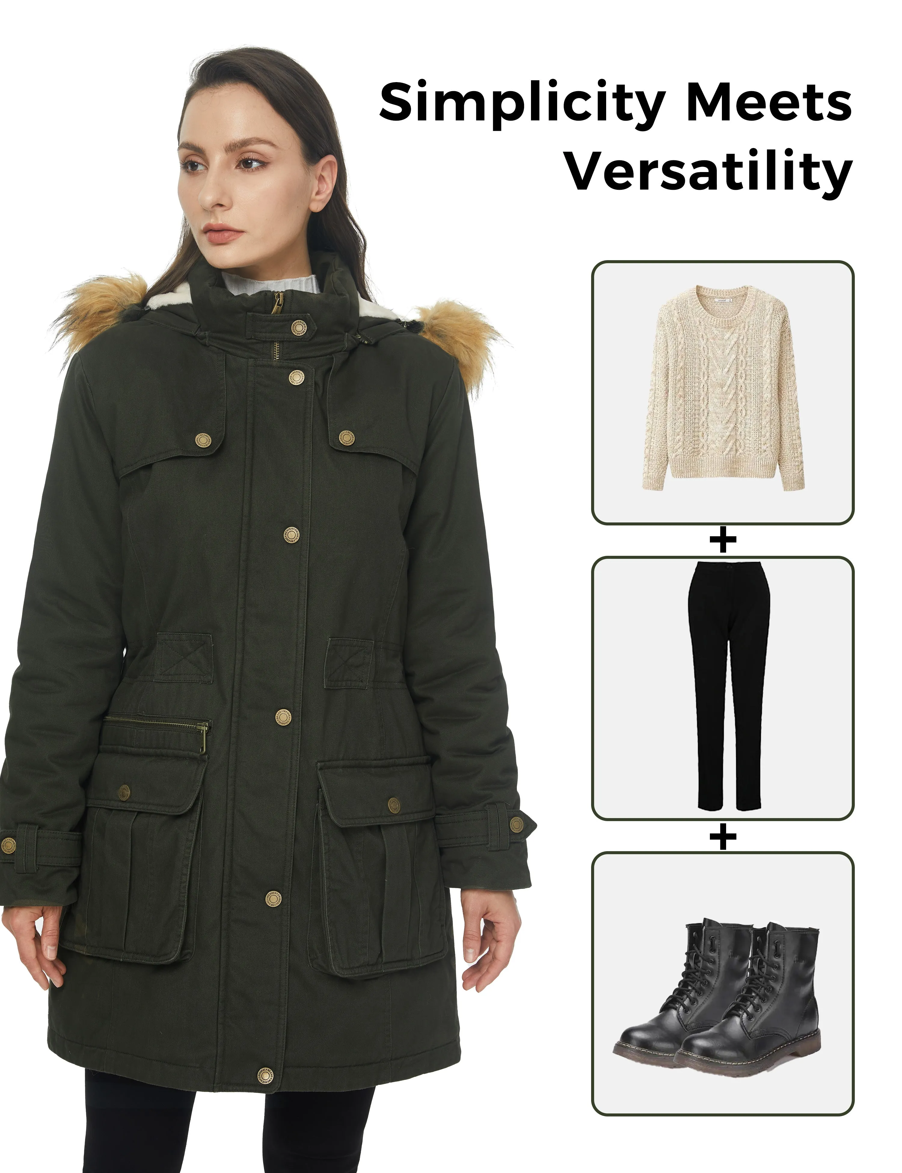 Women's Winter Warm Military Parka Jacket with Detachable Faux fur Hood