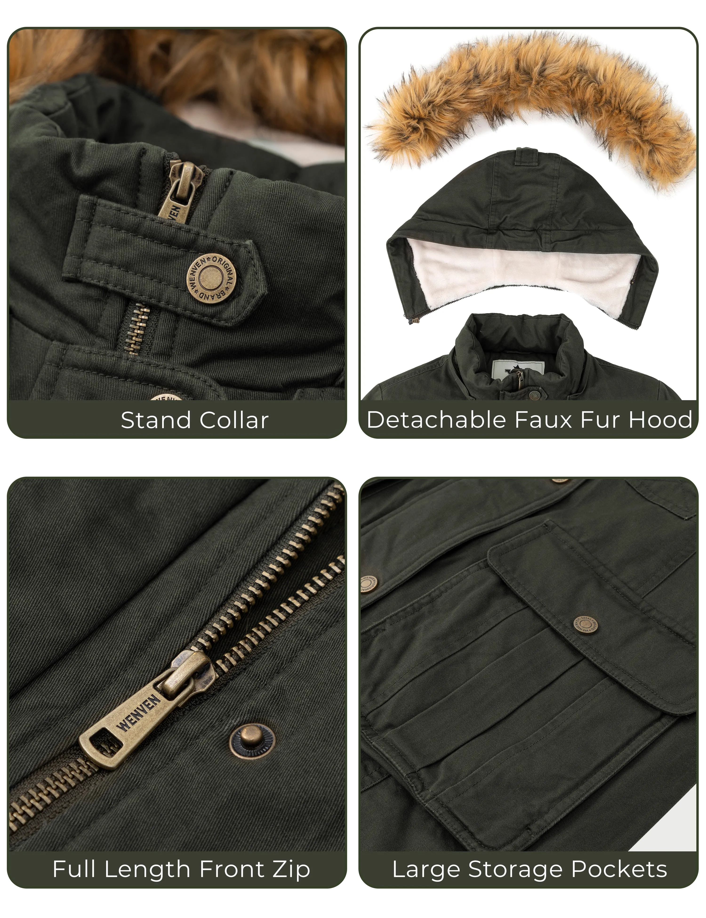 Women's Winter Warm Military Parka Jacket with Detachable Faux fur Hood